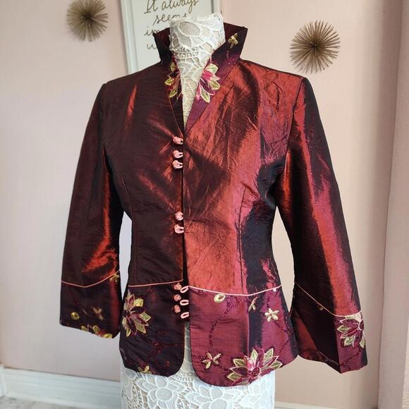 NWT DA Mu Tang Zhuang Floral jacket blazer Maroon embroidered XL - Picture 4 of 9